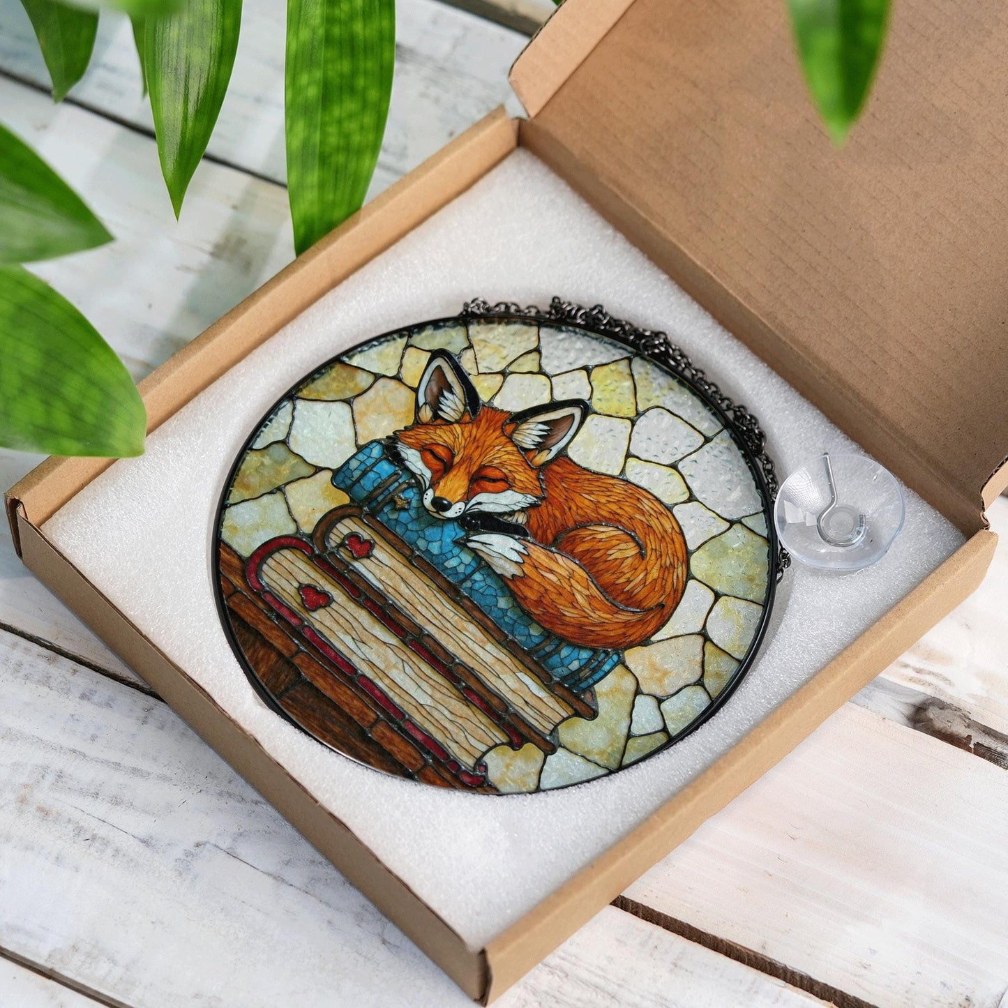 Fox Suncatcher Stained Glass Hanging Ornament Fox Sleeping on Books Perfect Gift for Book Lovers and Animal Enthusiasts
