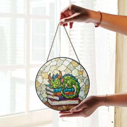 Sleeping Dragon Stained Glass Suncatcher Fantasy Decor Gift for Book Lovers