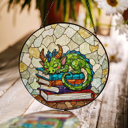 Sleeping Dragon Stained Glass Suncatcher Fantasy Decor Gift for Book Lovers