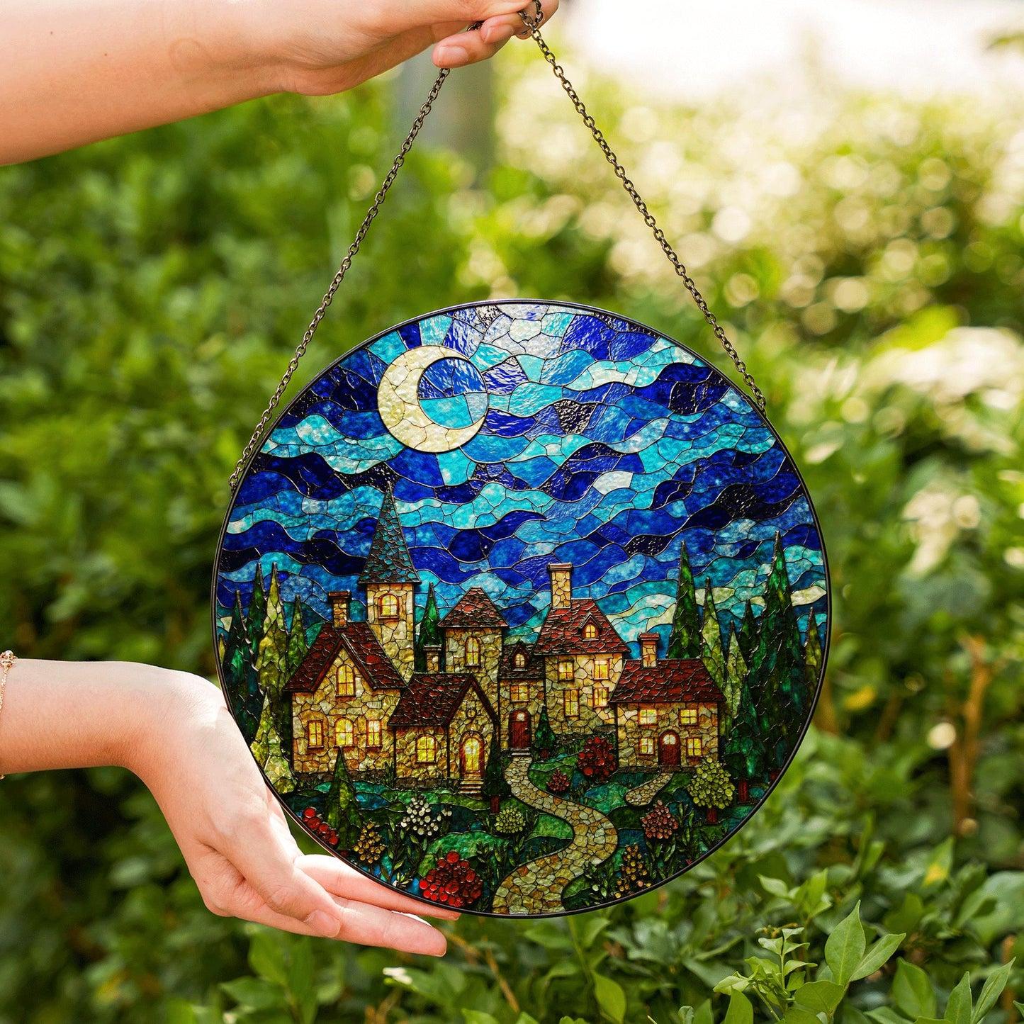 Stained Glass Village Night Scene Suncatcher Handmade Window Decor Gift for Mom Dad Friends