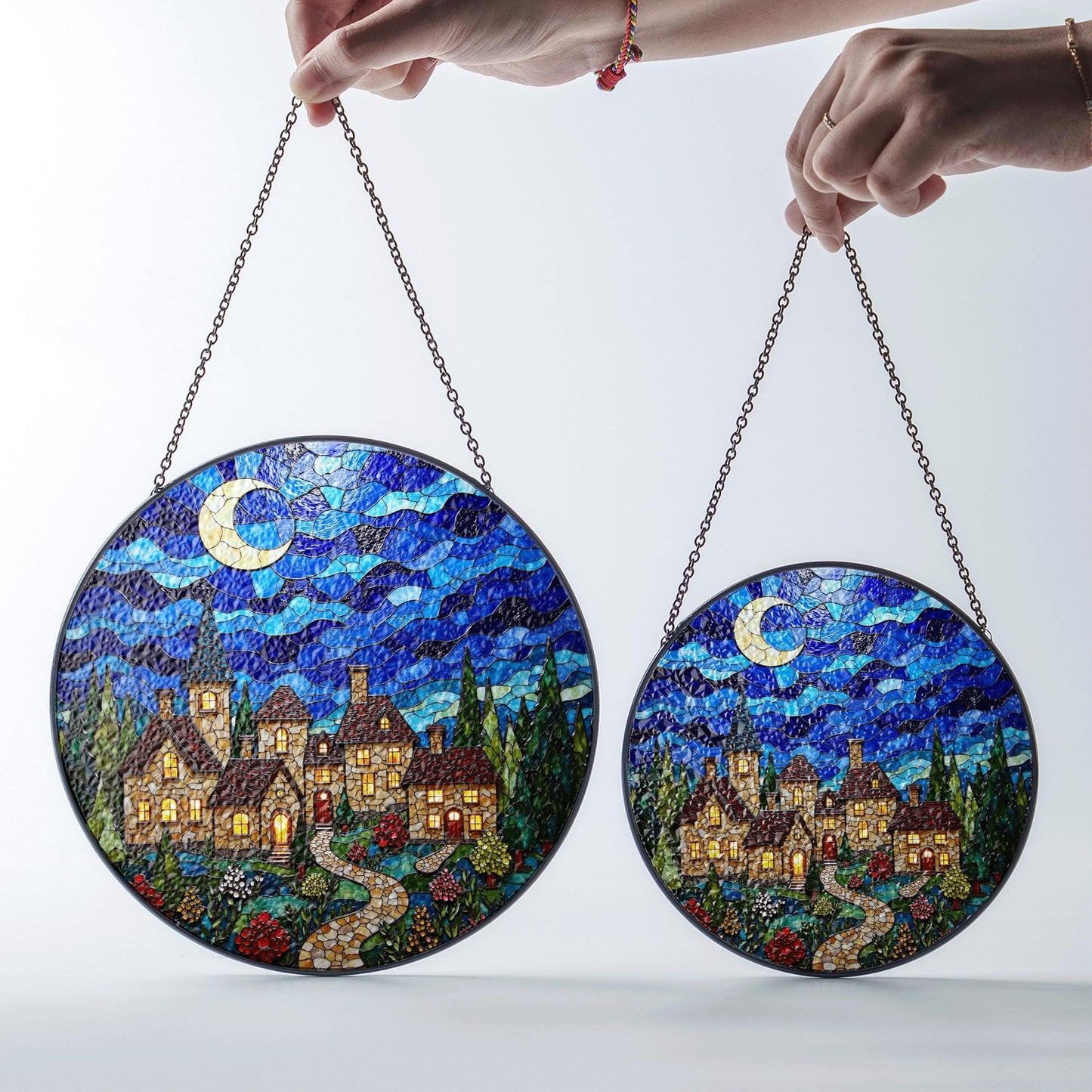 Stained Glass Village Night Scene Suncatcher Handmade Window Decor Gift for Mom Dad Friends