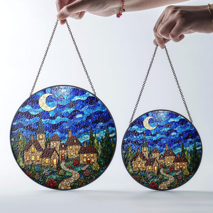 Stained Glass Village Night Scene Suncatcher Handmade Window Decor Gift for Mom Dad Friends