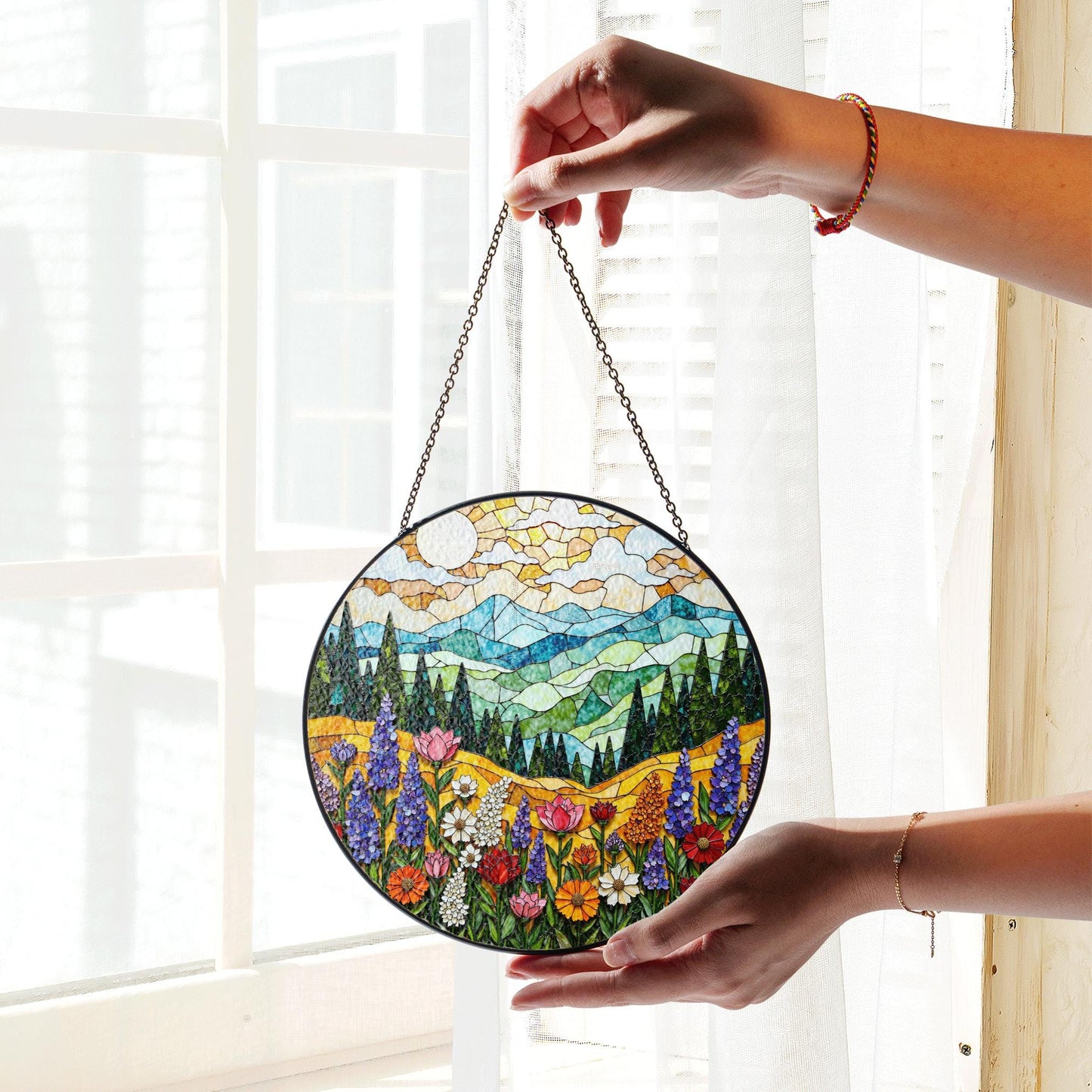 Mountain Wildflower Suncatcher Stained Glass Window Hanging Nature Art Gift for Mom Birthday