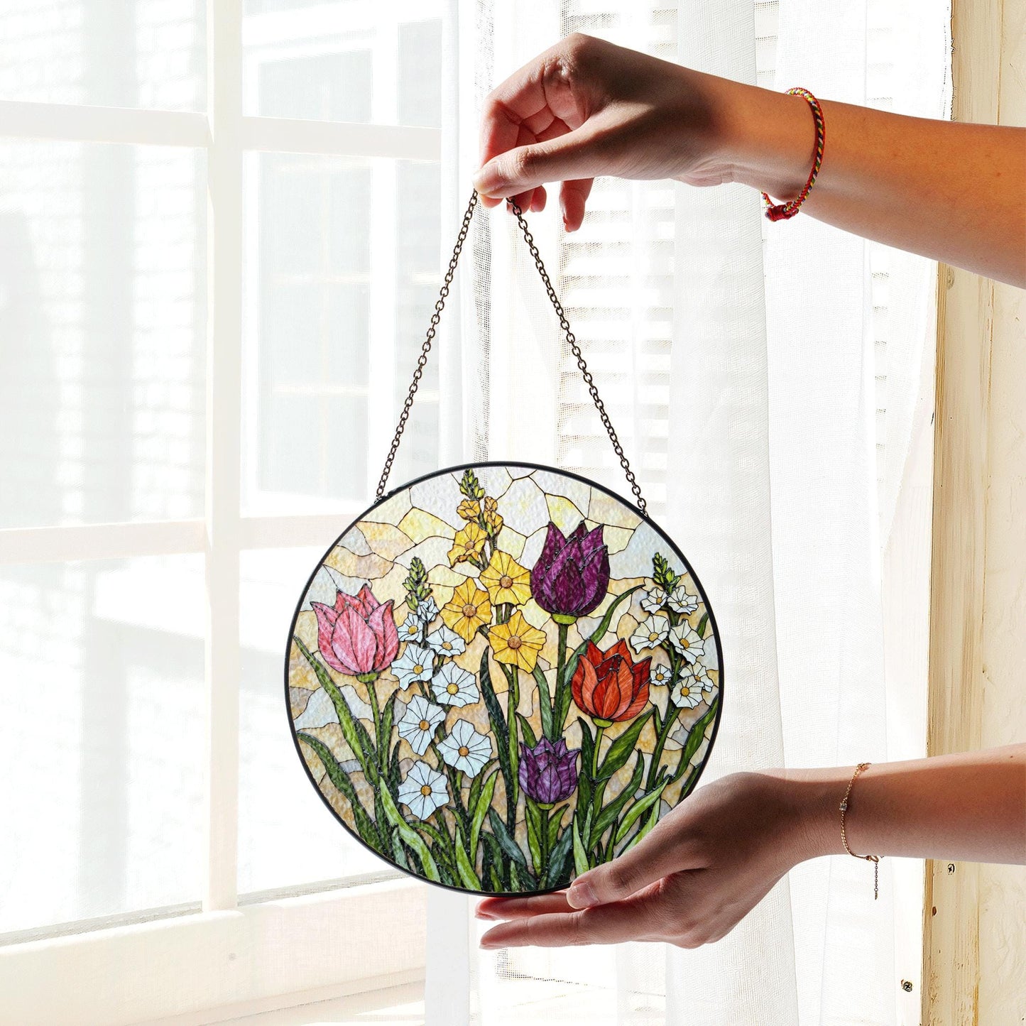 Stained Glass Tulip Floral Suncatcher Window Decor Gift for Mom Grandma