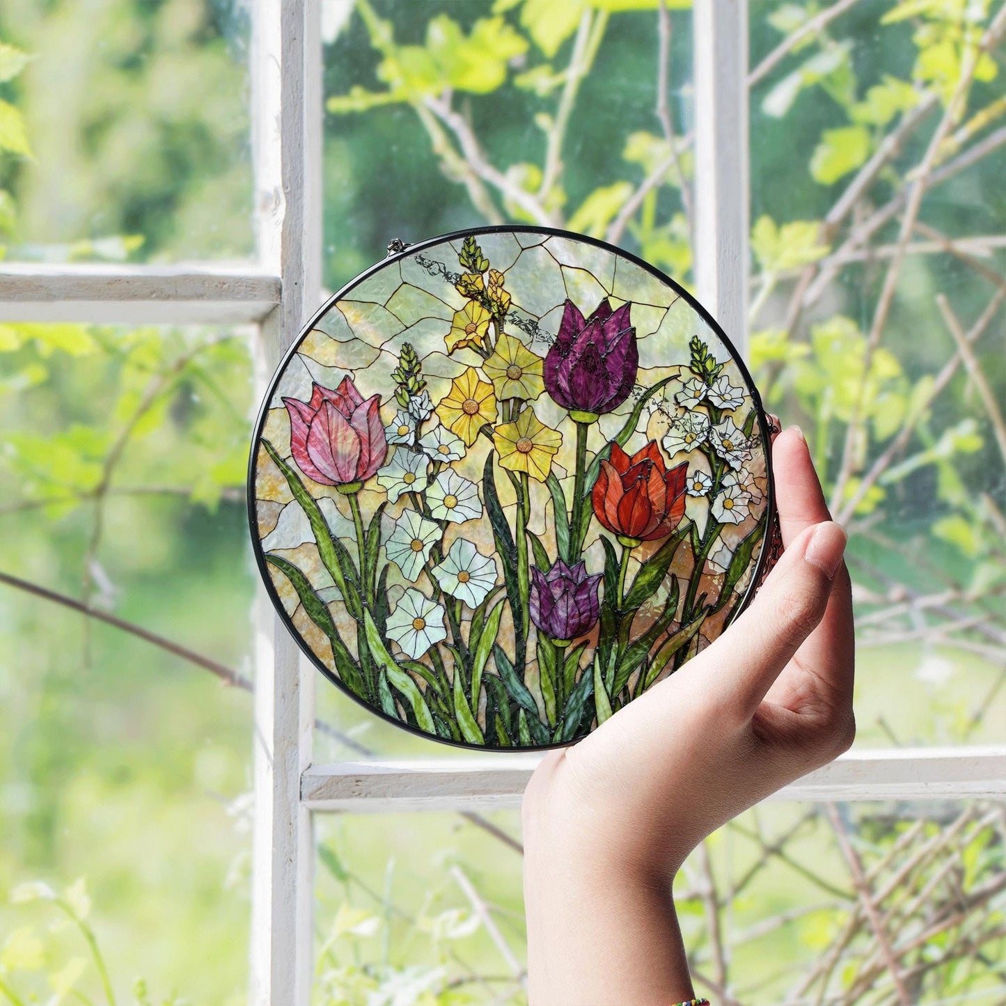 Stained Glass Tulip Floral Suncatcher Window Decor Gift for Mom Grandma