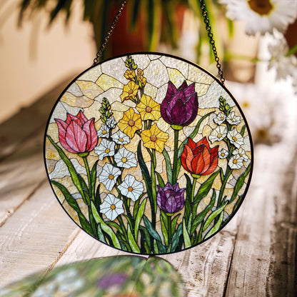 Stained Glass Tulip Floral Suncatcher Window Decor Gift for Mom Grandma