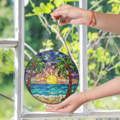 Tropical Beach Sunset Suncatcher Stained Glass Palm Tree Gift for Nature Lovers