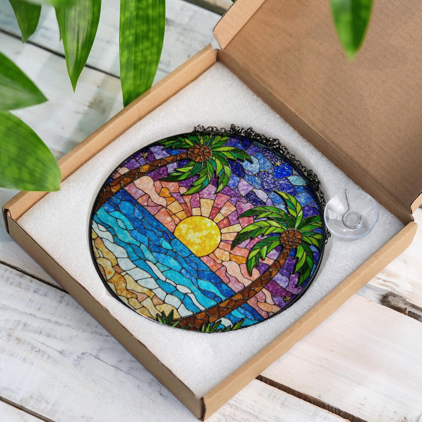 Tropical Beach Sunset Suncatcher Stained Glass Palm Tree Gift for Nature Lovers