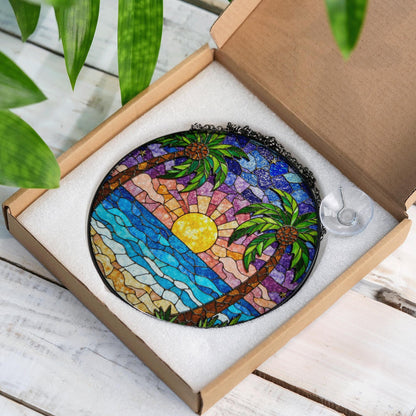 Tropical Beach Sunset Suncatcher Stained Glass Palm Tree Gift for Nature Lovers