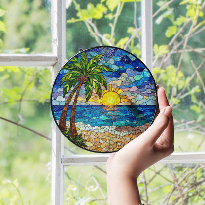 Beach Sunset Palm Tree Suncatcher Stained Glass Window Decor Gift for Mom Friend