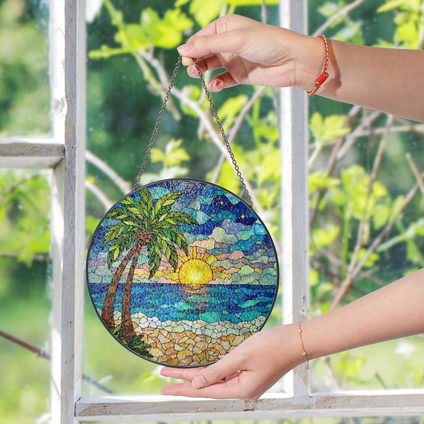 Beach Sunset Palm Tree Suncatcher Stained Glass Window Decor Gift for Mom Friend