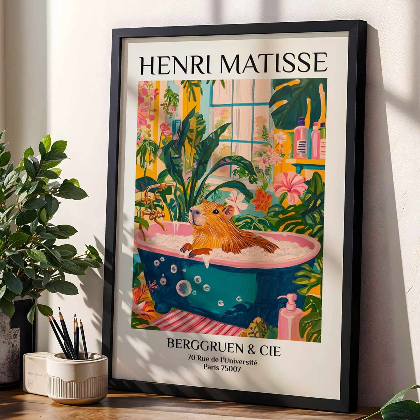 Capybara in Bathtub Print Tropical Pink Bathroom Wall Art Matisse Inspired Animal Poster Aesthetic Spa Decor for Home Wall Art