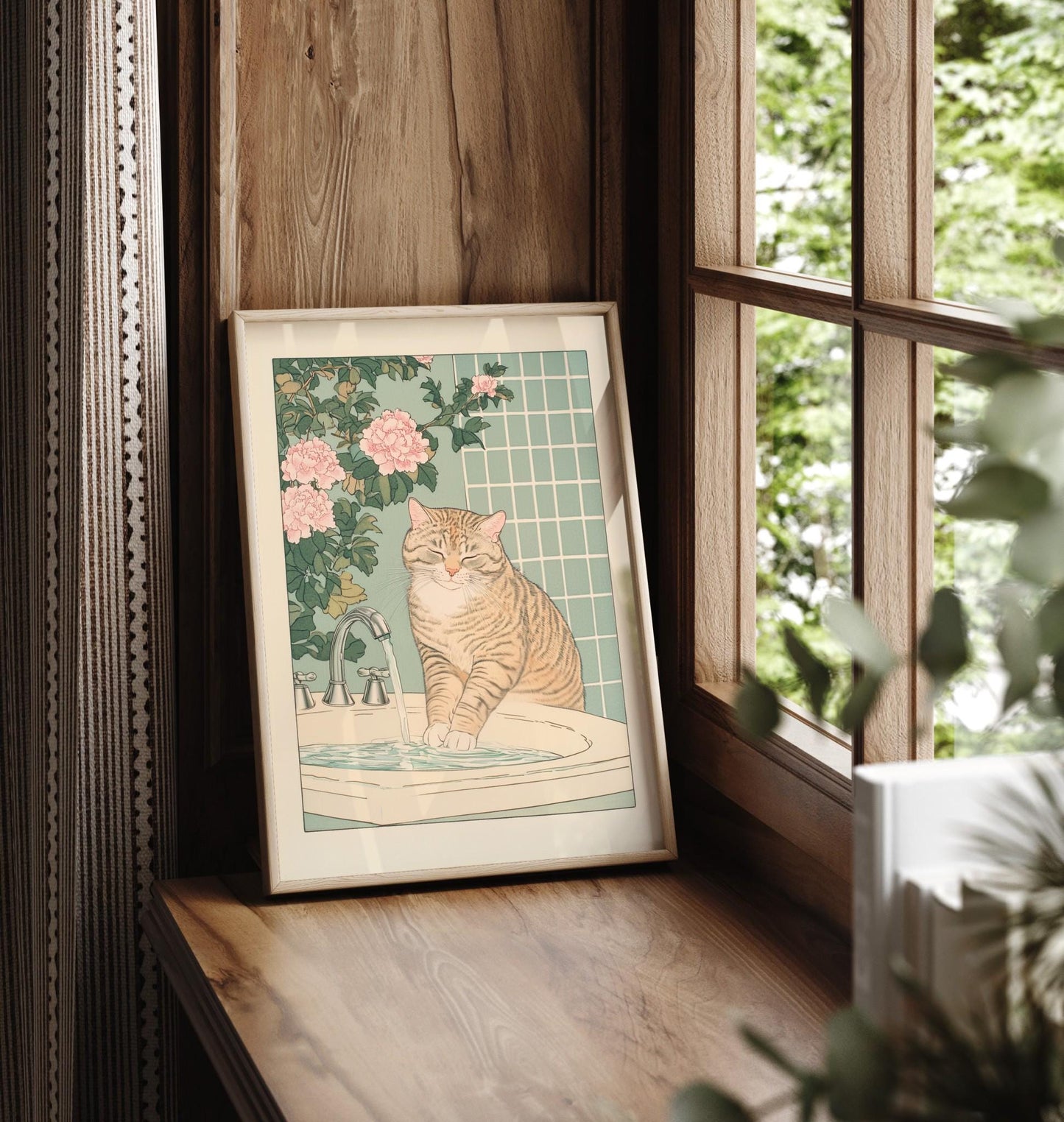 Tabby Cat Bathroom Print: Ukiyo-e Japanese Wall Art