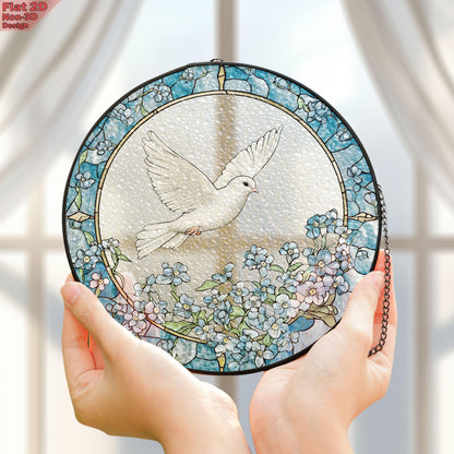 Dove and Forget Me Not Flowers Stained Glass Suncatcher, Dove and Forget Me Not Window Hanging, Elegant Home Décor, Peaceful Memorial Gift