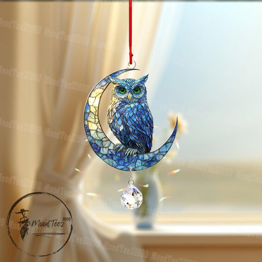 Owl on Crescent Moon Window Hanging with Crystal Charm, Acrylic Home Decor, Handmade Art, Gift for Owl Lovers