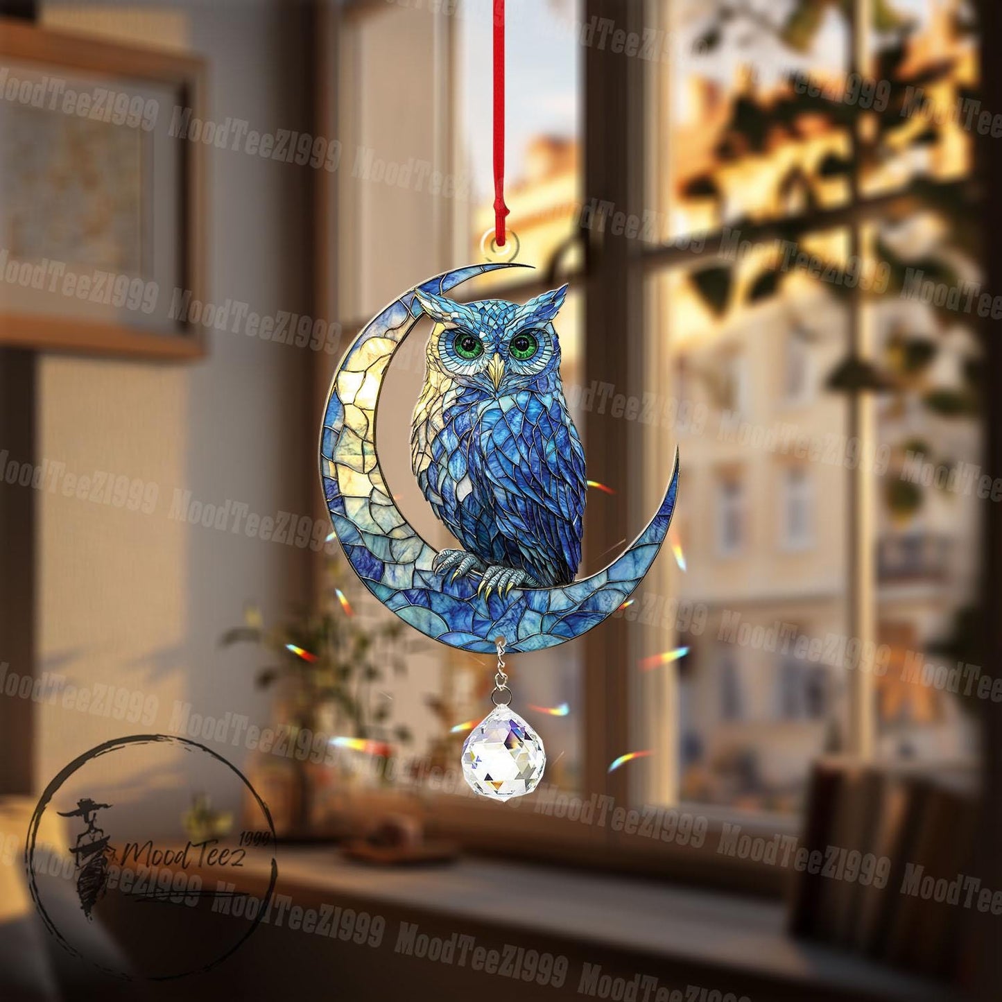 Owl on Crescent Moon Window Hanging with Crystal Charm, Acrylic Home Decor, Handmade Art, Gift for Owl Lovers