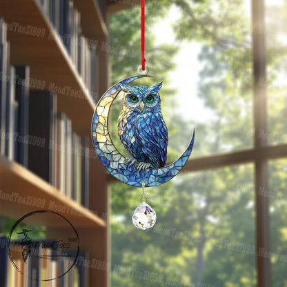 Owl on Crescent Moon Window Hanging with Crystal Charm, Acrylic Home Decor, Handmade Art, Gift for Owl Lovers