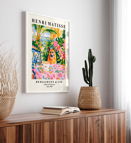 German Shepherd Dronking Coffee Art Print: Matisse Style Dopamine Decor