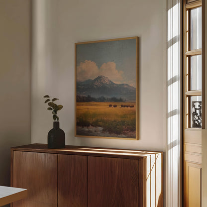Bison Grazing in a Field Vintage Oil Painting Print Rustic Antique Retro Buffalo Print Rocky Mountain Poster Western Cabin Cottage Wall Art