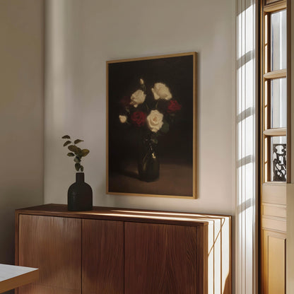 Vase of Roses Vintage Oil Painting Print Neutral French Styled Floral Bouquet Print Dark Gothic Botanical Illustration Farmhouse Chic Poster