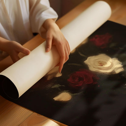 Vase of Roses Vintage Oil Painting Print Neutral French Styled Floral Bouquet Print Dark Gothic Botanical Illustration Farmhouse Chic Poster