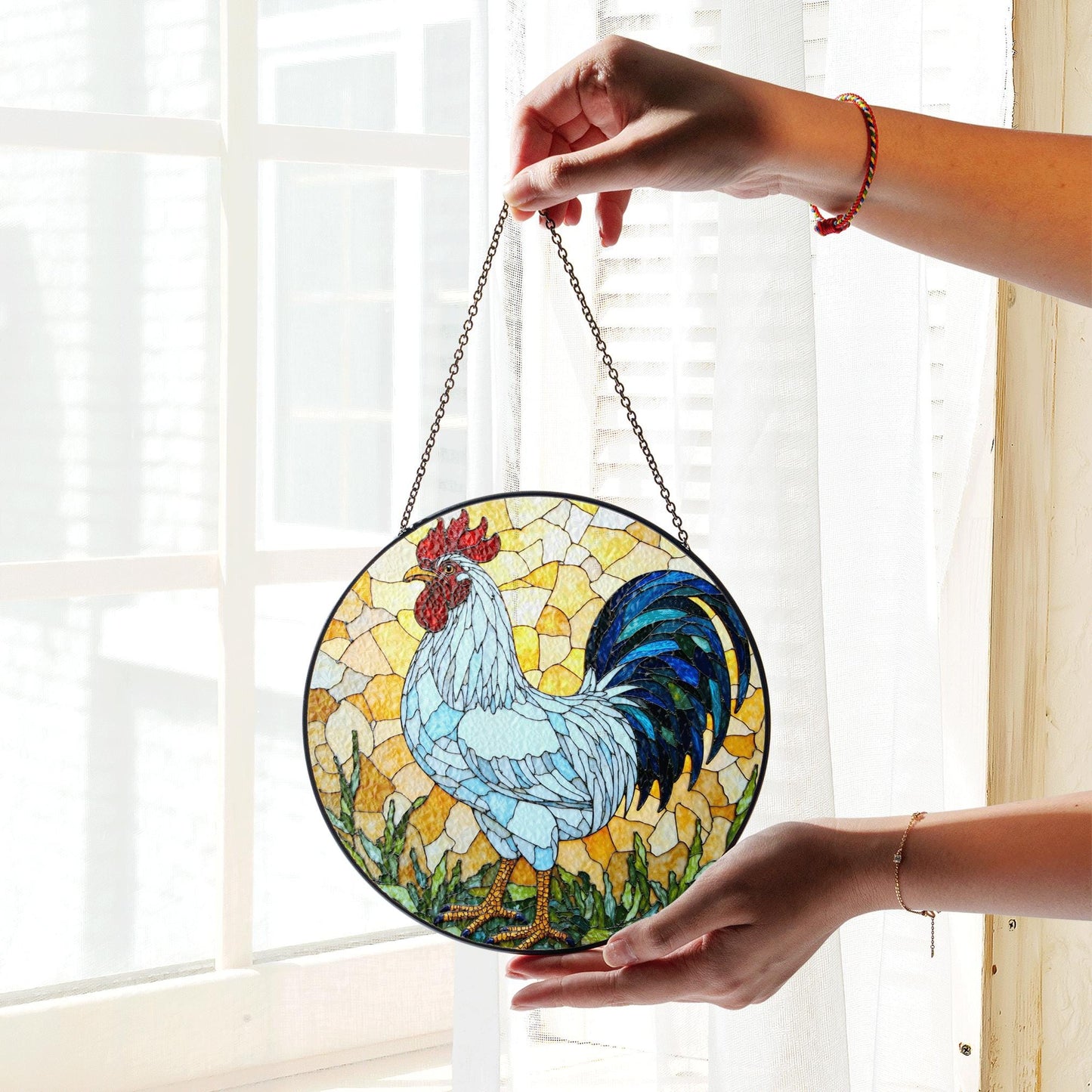 Stained Glass Rooster Suncatcher Handcrafted Colorful Window Art Gift for Bird Lovers