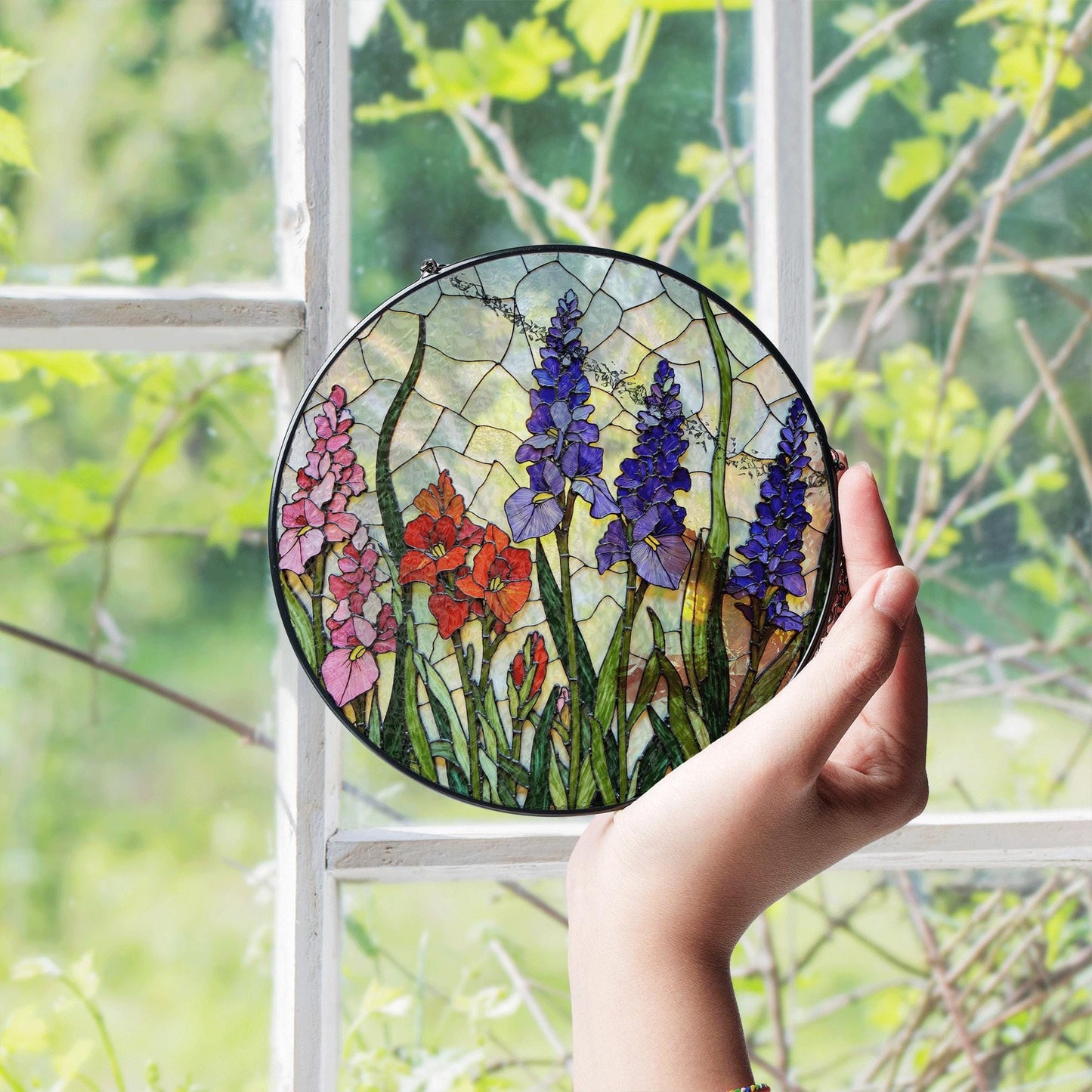 Stained Glass Suncatcher with Colorful Flowers for Garden Lovers Gift