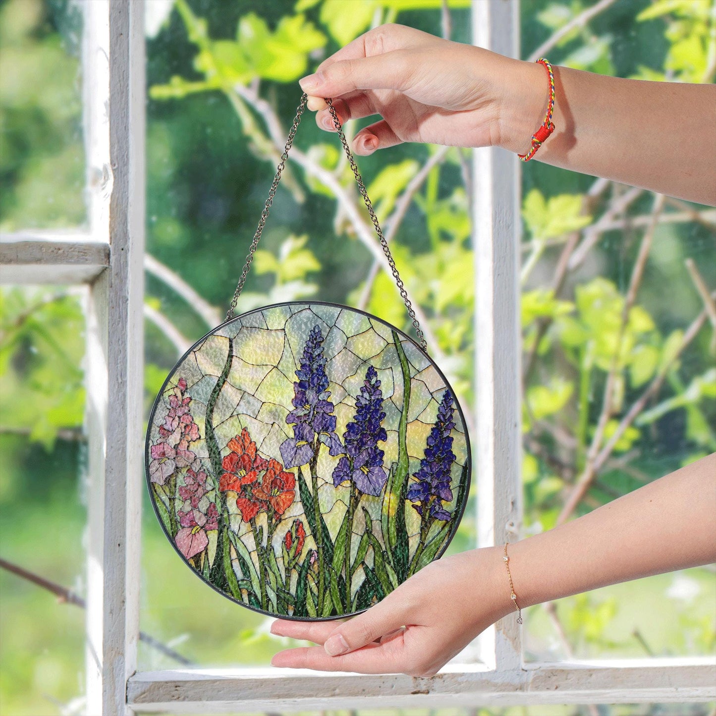 Stained Glass Suncatcher with Colorful Flowers for Garden Lovers Gift