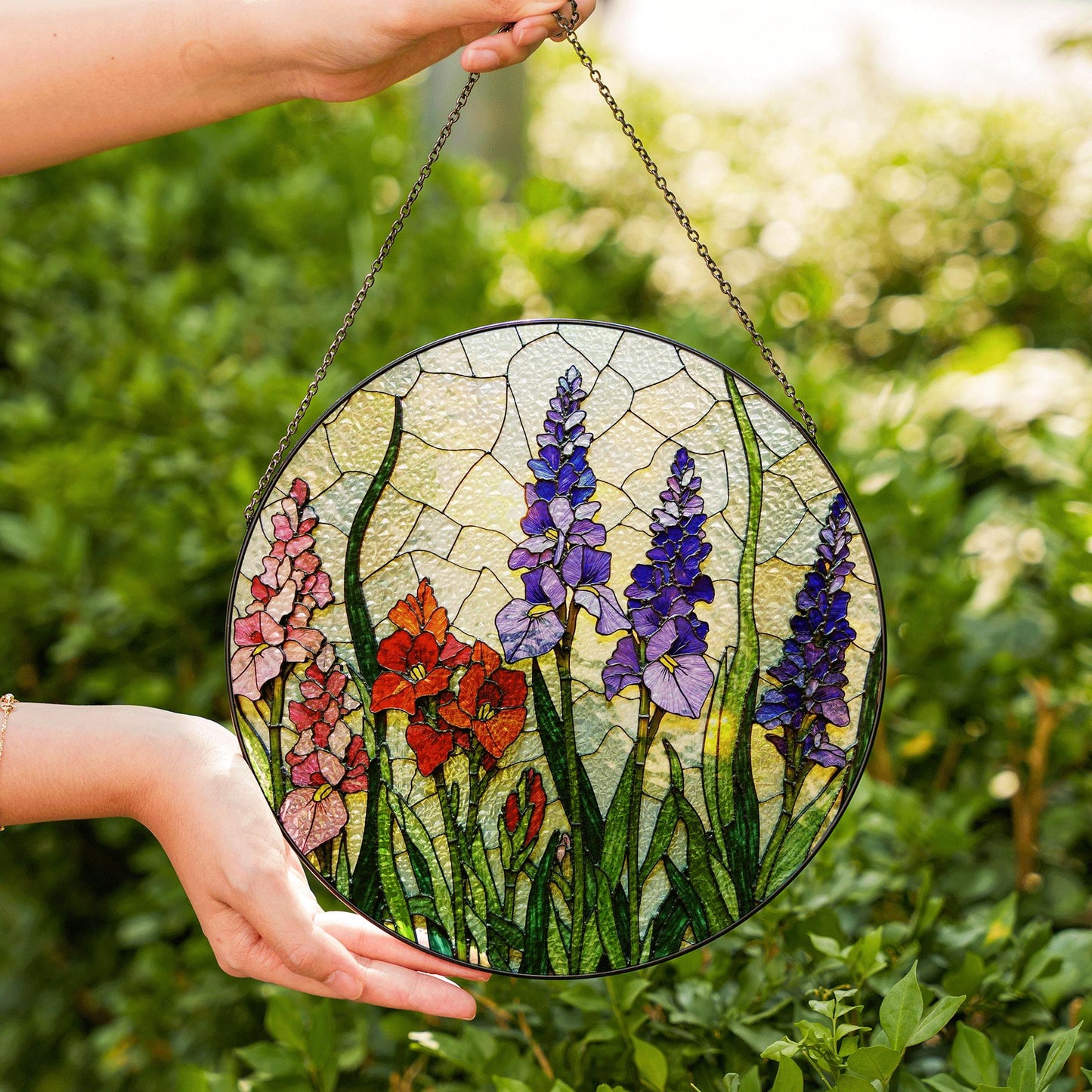 Stained Glass Suncatcher with Colorful Flowers for Garden Lovers Gift