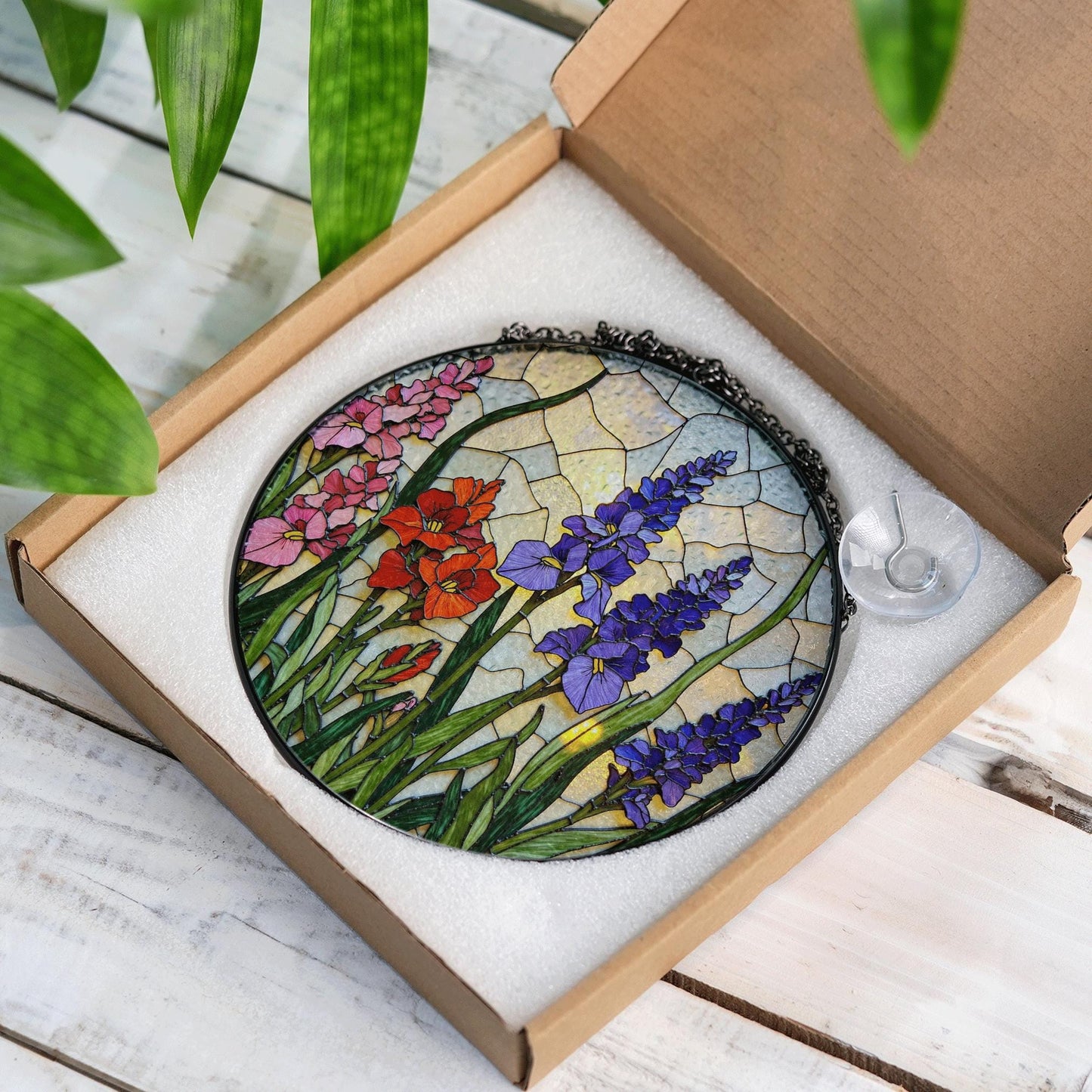 Stained Glass Suncatcher with Colorful Flowers for Garden Lovers Gift