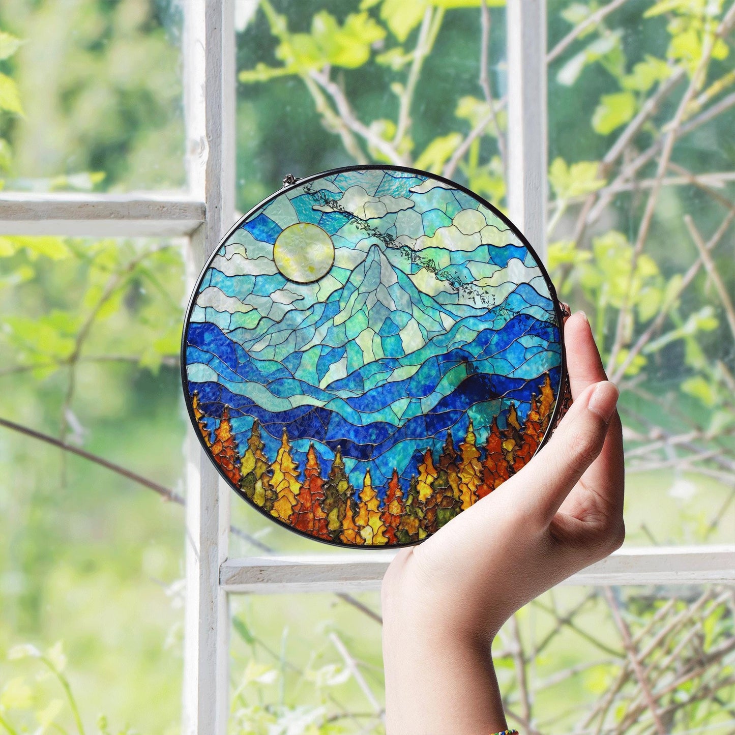Mountain Sunrise Stained Glass Suncatcher Vibrant Blue Sky Autumn Trees Handcrafted Gift for Nature Lovers
