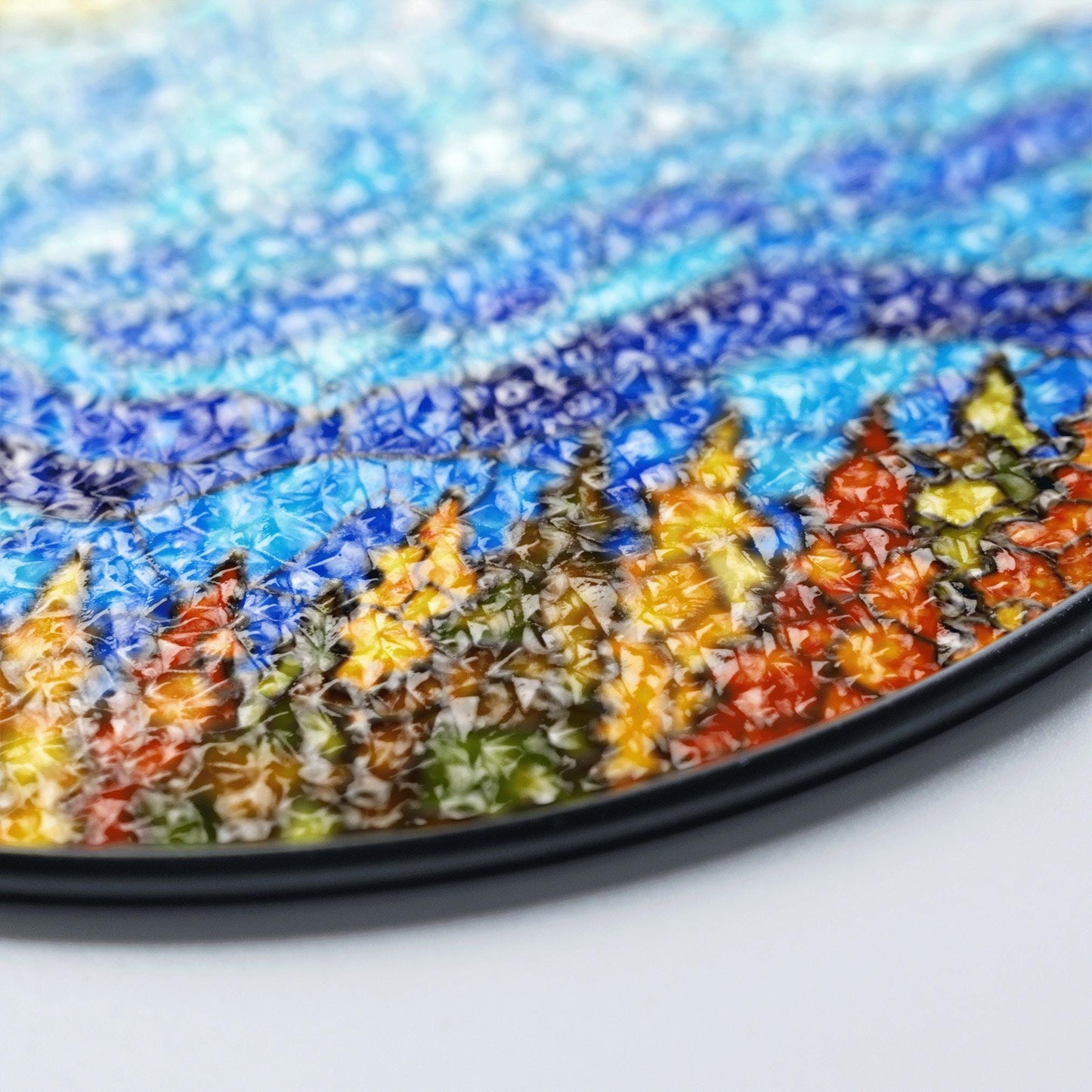 Mountain Sunrise Stained Glass Suncatcher Vibrant Blue Sky Autumn Trees Handcrafted Gift for Nature Lovers