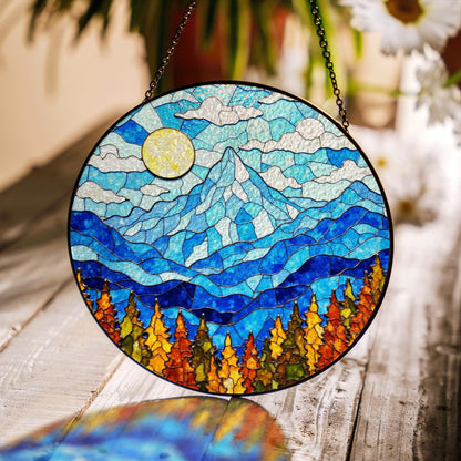 Mountain Sunrise Stained Glass Suncatcher Vibrant Blue Sky Autumn Trees Handcrafted Gift for Nature Lovers