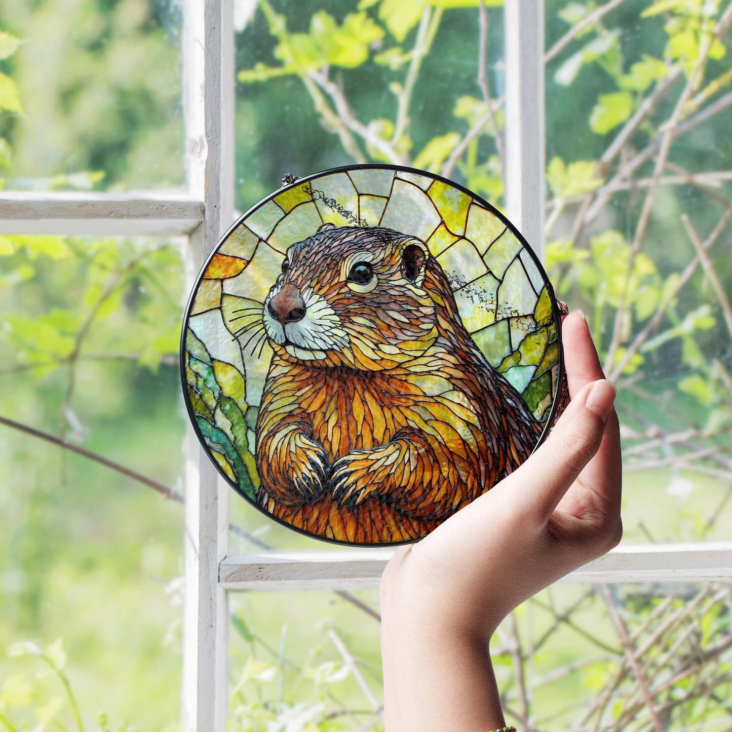 Stained Glass Groundhog Suncatcher Handmade Nature Window Decor Gift