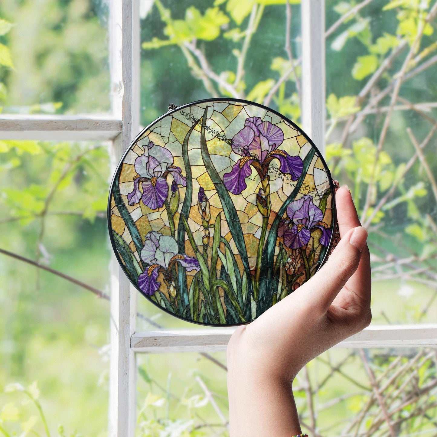 Purple Iris Stained Glass Suncatcher – Tiffany Style Floral Window Hanging – Unique Gift for Garden Lovers