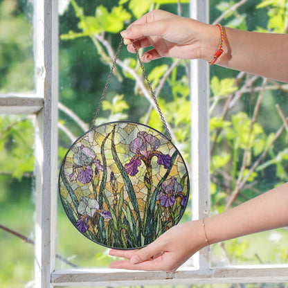Purple Iris Stained Glass Suncatcher – Tiffany Style Floral Window Hanging – Unique Gift for Garden Lovers