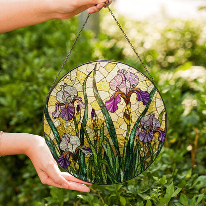 Purple Iris Stained Glass Suncatcher – Tiffany Style Floral Window Hanging – Unique Gift for Garden Lovers