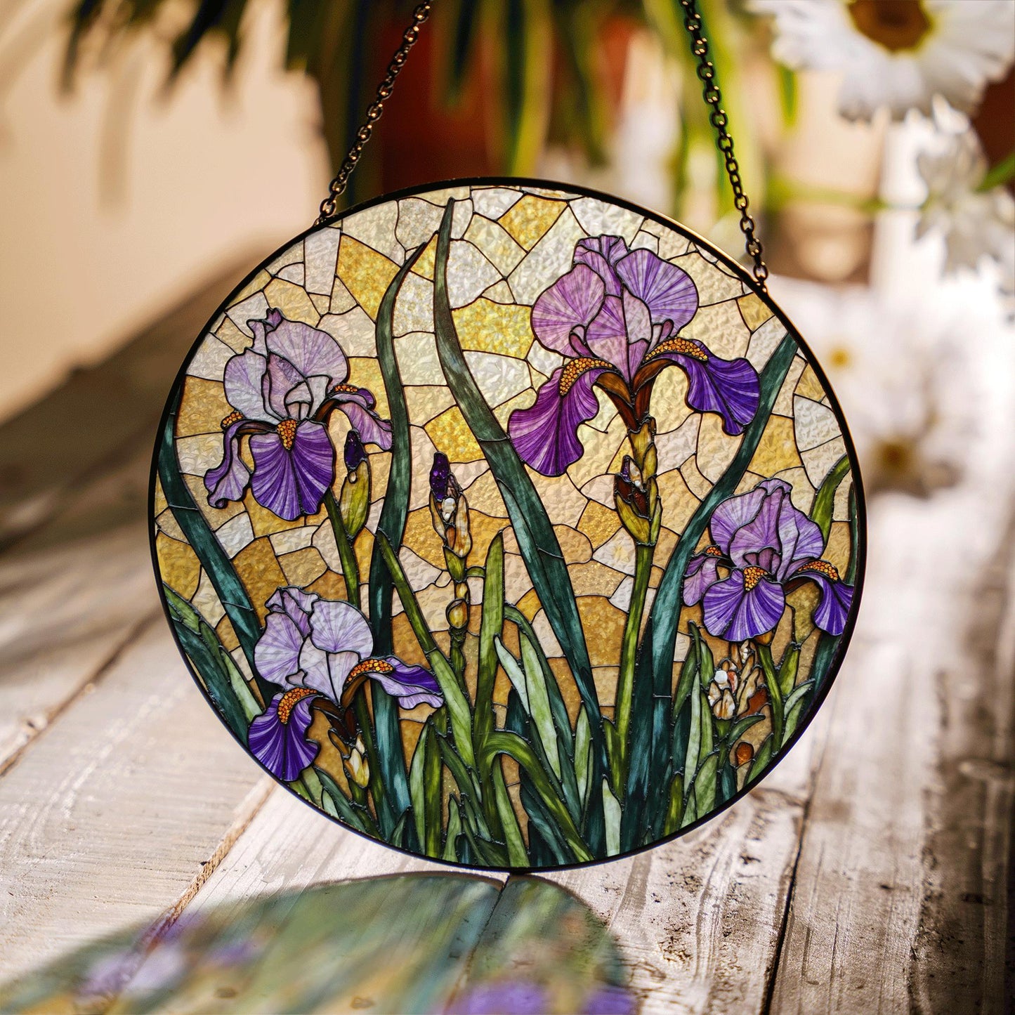 Purple Iris Stained Glass Suncatcher – Tiffany Style Floral Window Hanging – Unique Gift for Garden Lovers