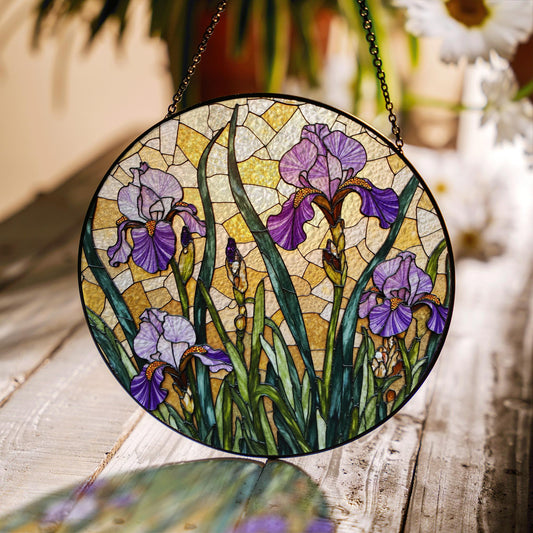 Purple Iris Stained Glass Suncatcher – Tiffany Style Floral Window Hanging – Unique Gift for Garden Lovers