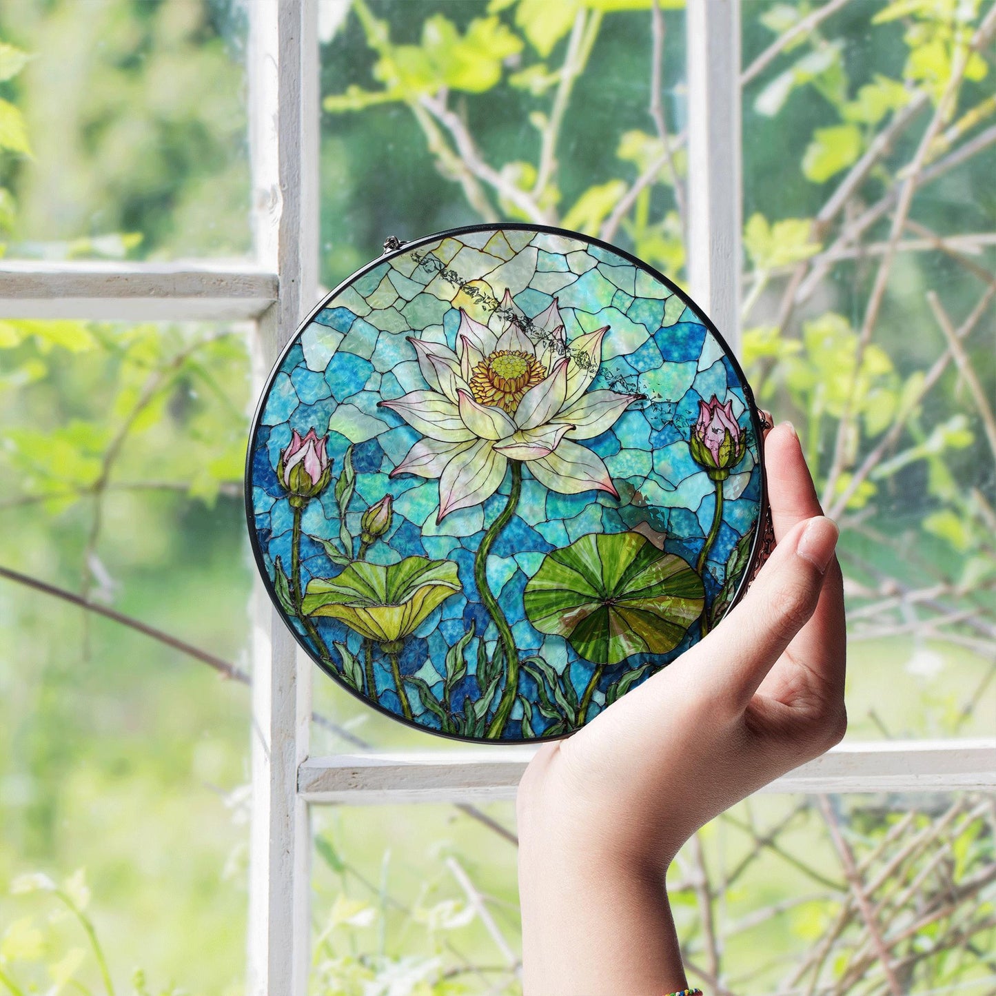 Hand-Painted Lotus Flower Suncatcher – Stained Glass Window Decor – Tranquil Gift for Nature Lovers
