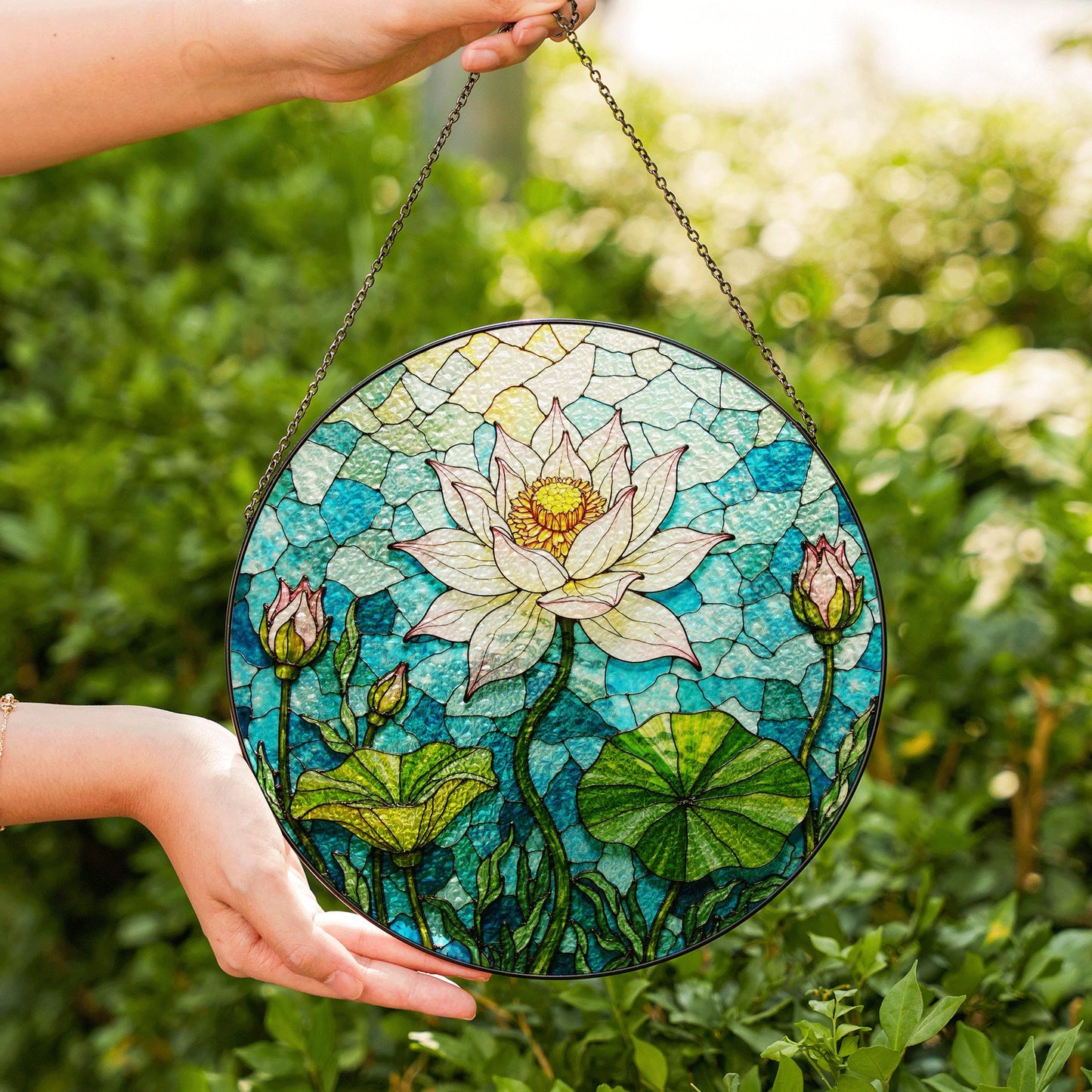 Hand-Painted Lotus Flower Suncatcher – Stained Glass Window Decor – Tranquil Gift for Nature Lovers