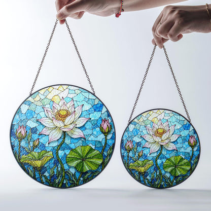 Hand-Painted Lotus Flower Suncatcher – Stained Glass Window Decor – Tranquil Gift for Nature Lovers