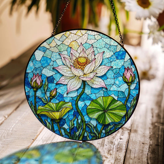 Hand-Painted Lotus Flower Suncatcher – Stained Glass Window Decor – Tranquil Gift for Nature Lovers