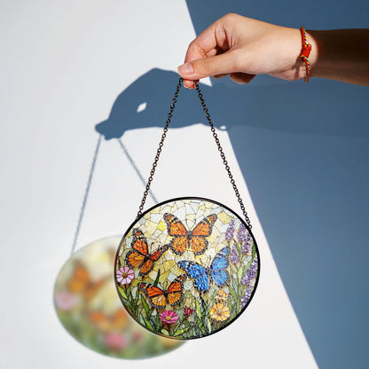 Stained Glass Butterfly Suncatcher – Monarch , Blue Butterflies in Floral Garden – Nature Gift for Mom or Garden Lover