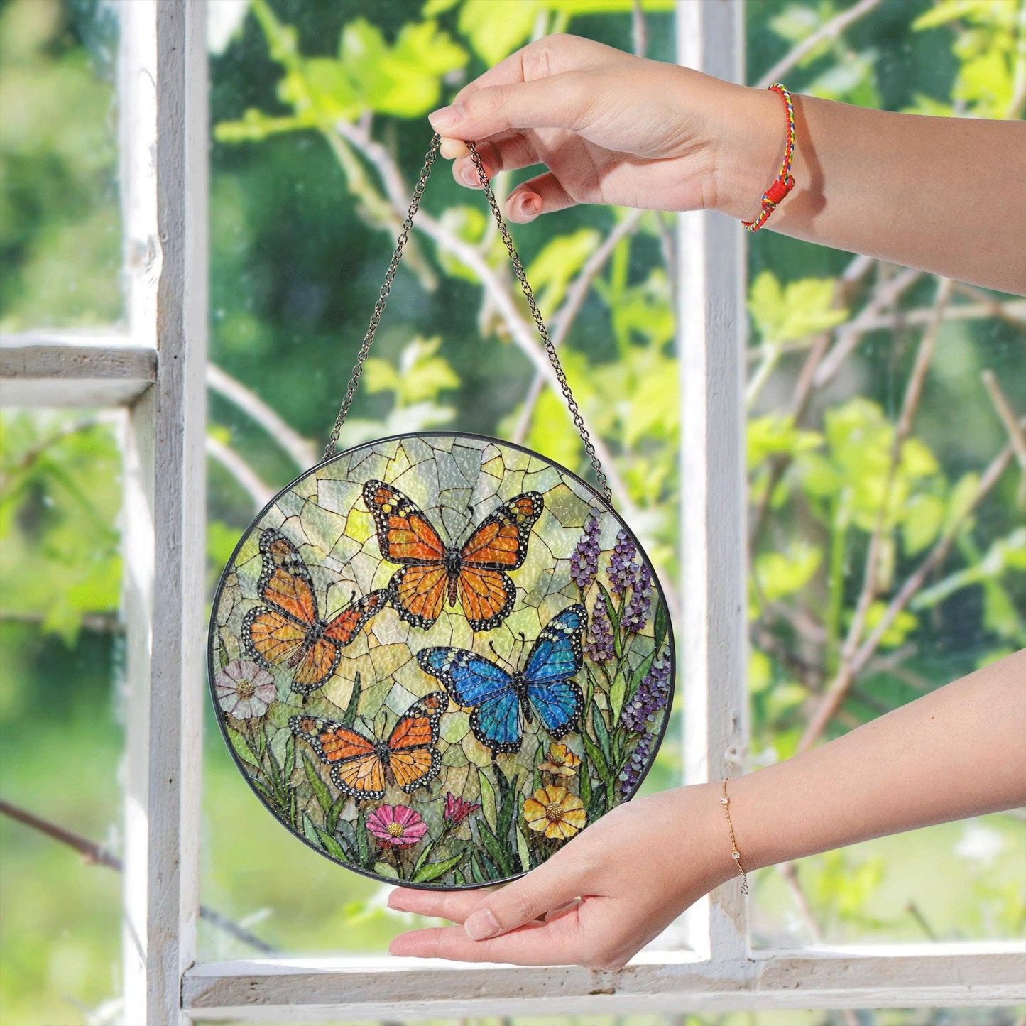 Stained Glass Butterfly Suncatcher – Monarch , Blue Butterflies in Floral Garden – Nature Gift for Mom or Garden Lover
