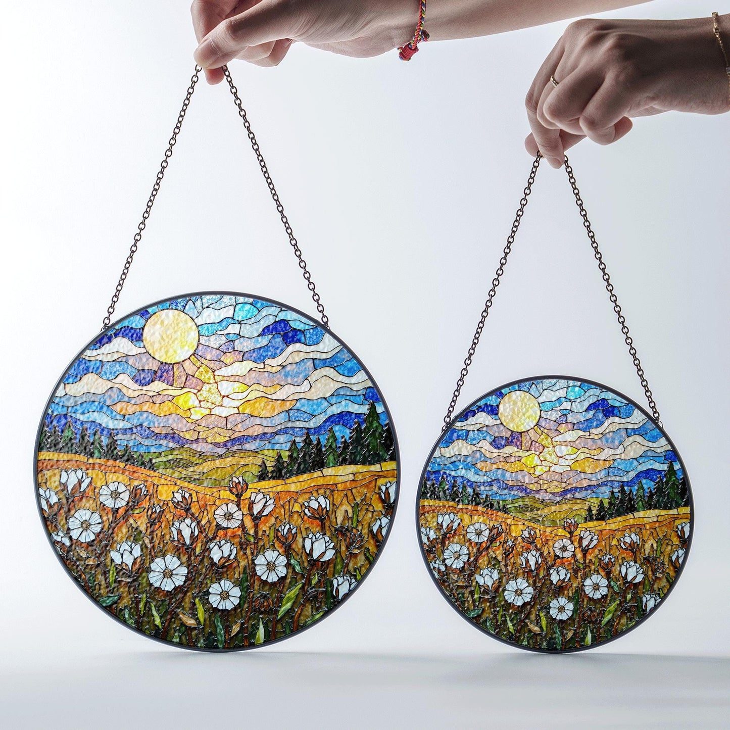 Moonlit Wildflower Meadow Stained Glass Suncatcher – Nature Scene Window Decor Gift for Garden Lovers