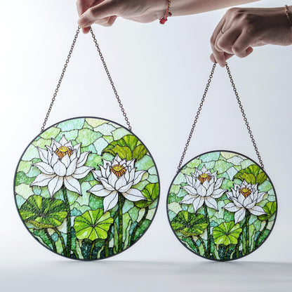 Stained Glass Lotus Suncatcher – White Water Lilies with Green Leaves – Nature Gift for Garden Lovers