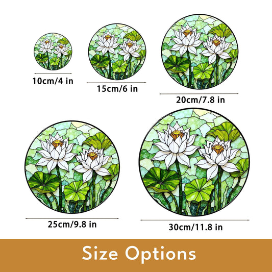 Stained Glass Lotus Suncatcher – White Water Lilies with Green Leaves – Nature Gift for Garden Lovers