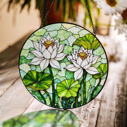 Stained Glass Lotus Suncatcher – White Water Lilies with Green Leaves – Nature Gift for Garden Lovers