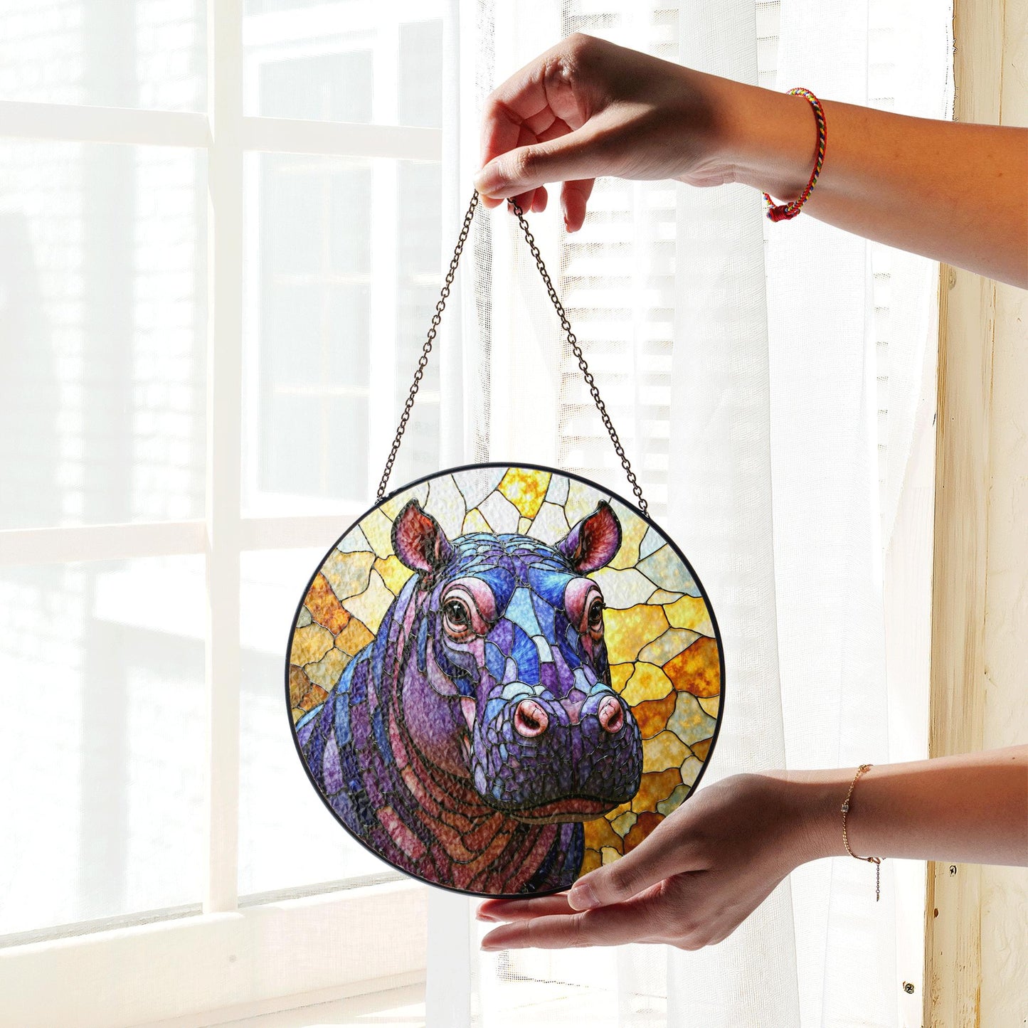Stained Glass Hippo Suncatcher Purple Blue Amber Animal Gift